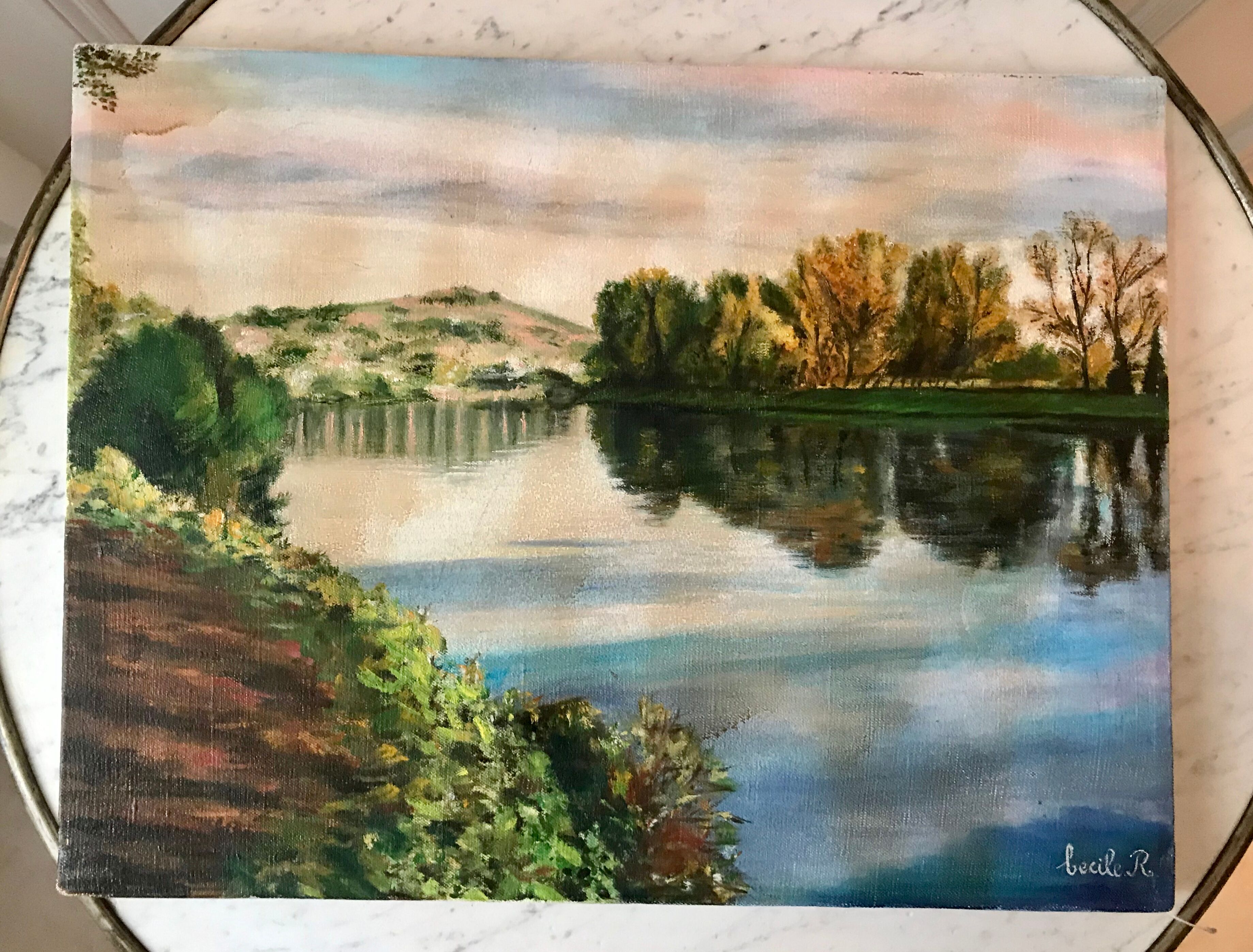 Oil painting on canvas winter landscape and lake signed vintage