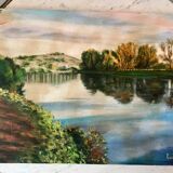 Oil painting on canvas winter landscape and lake signed vintage