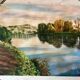 Oil painting on canvas winter landscape and lake signed vintage