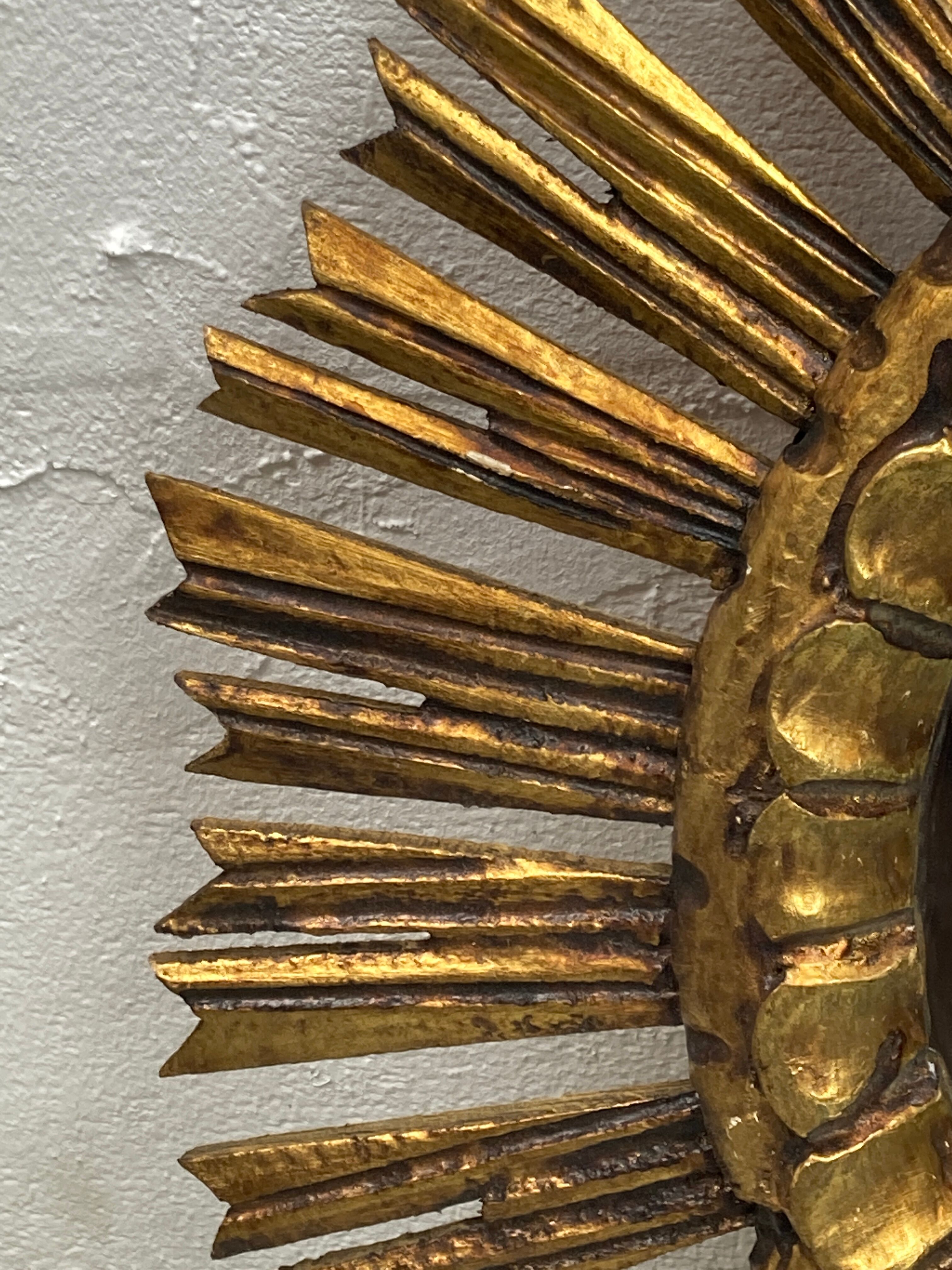 Spanish gold gilt wood sun or sunburst mirror, ca 1950s