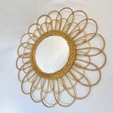 Round mirror flower sun in rattan wicker wood vintage 1960 1970 55 cm folk