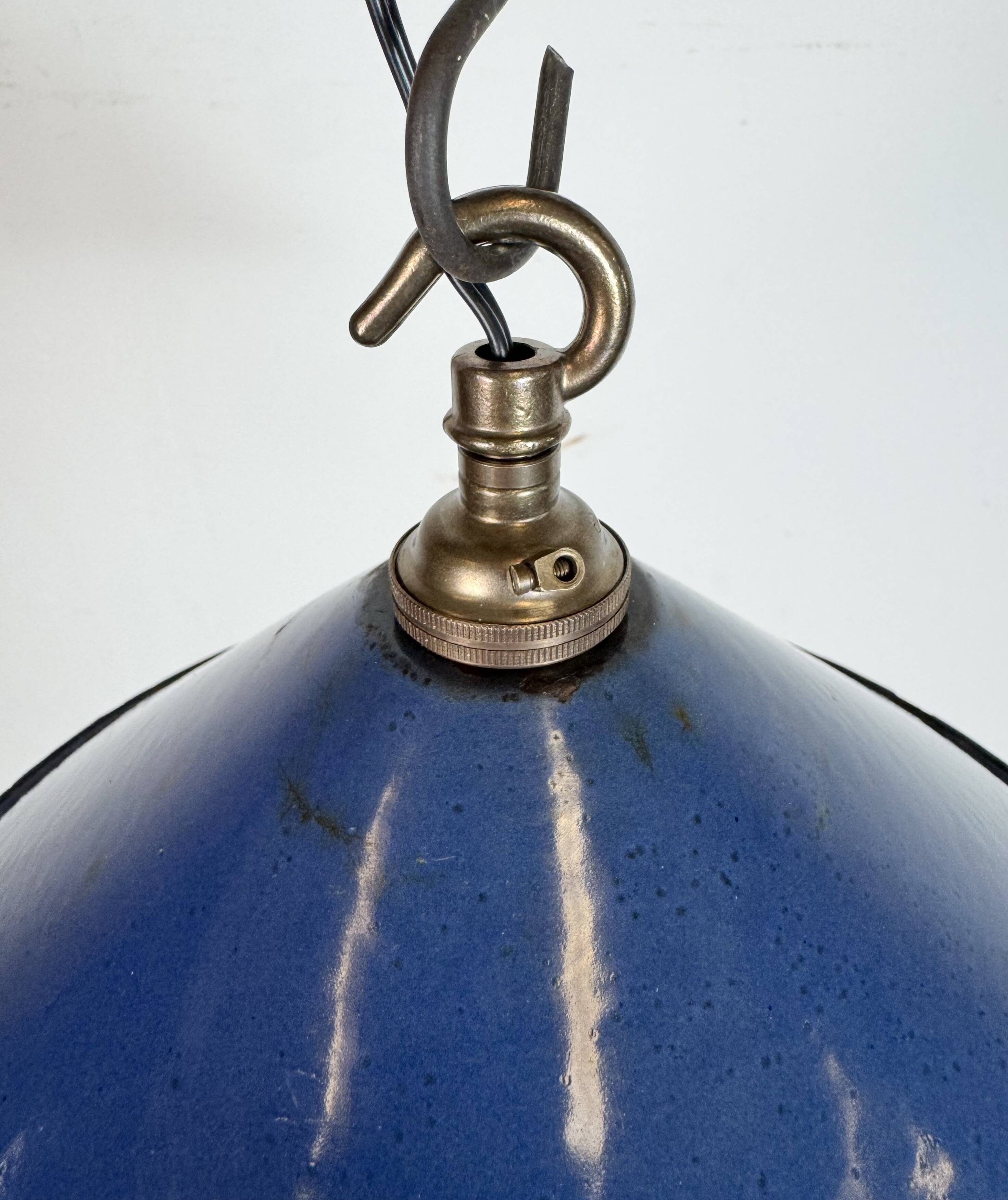 Industrial British Blue Enamel Factory Pendant Lamp, 1950s