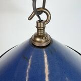 Industrial British Blue Enamel Factory Pendant Lamp, 1950s