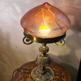 Austrian Art Nouveau bronze lamp with Loetz style art glass shade L54x32