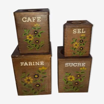 4 boîtes pots à épices peints en bois années 50 60's 50's