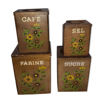 4 boxes spice pots painted in wood 50 years 60's 50's