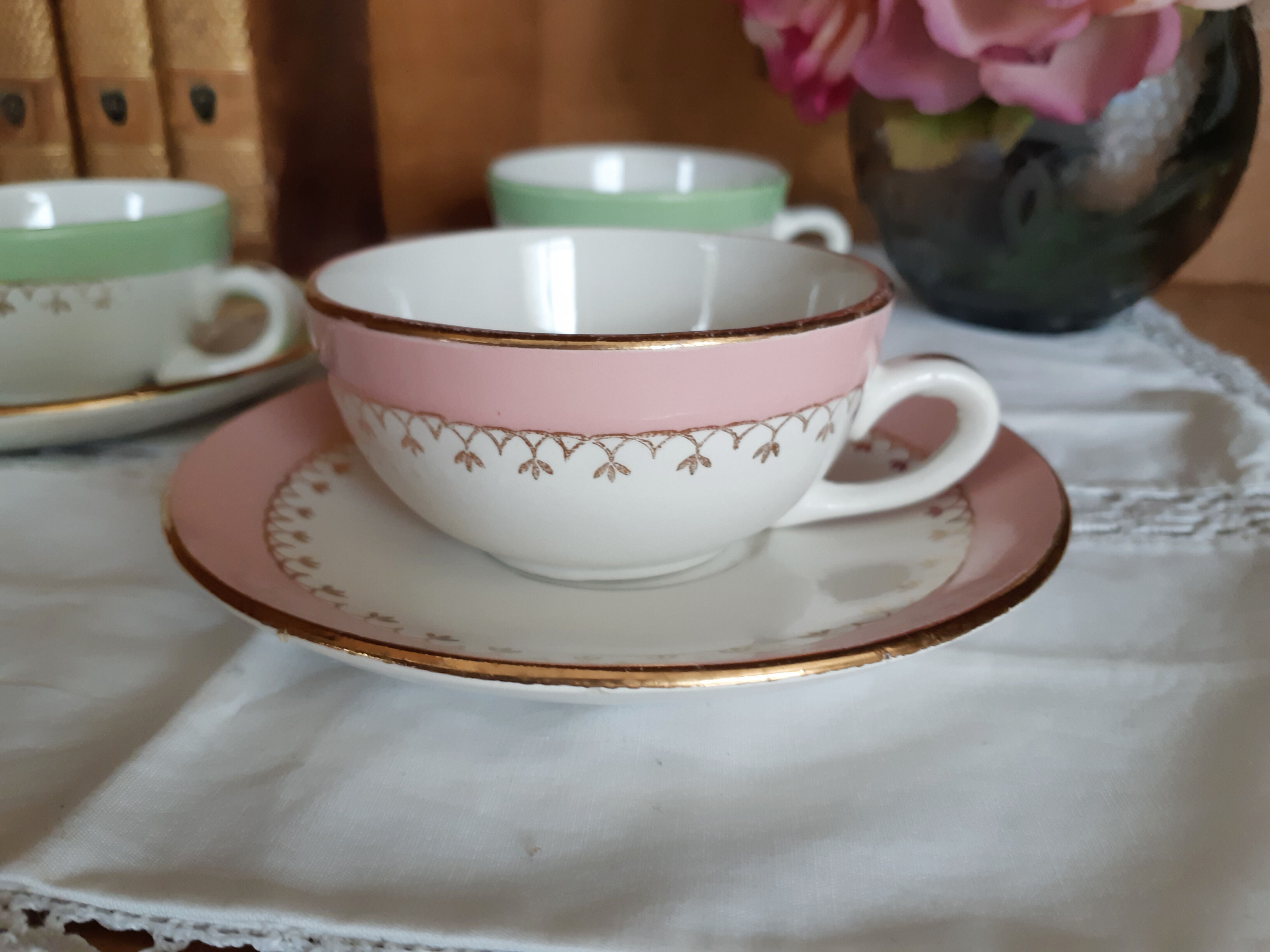 Coffee cups earthenware of Saint Amand , iron earth , Sarreguemines , vintage French , s