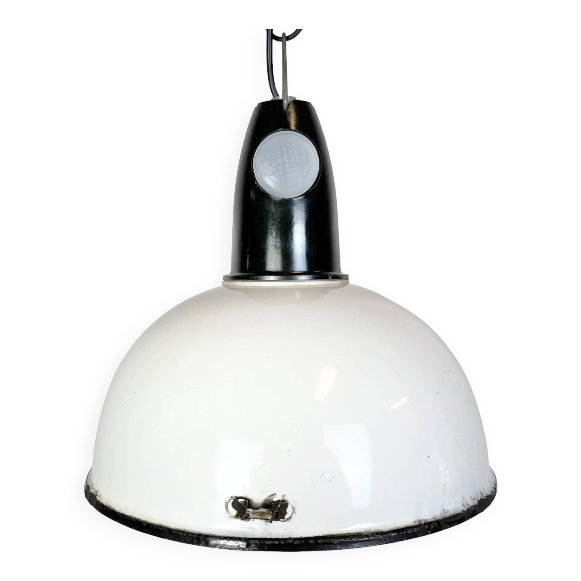 Industrial soviet white enamel pendant lamp, 1960s