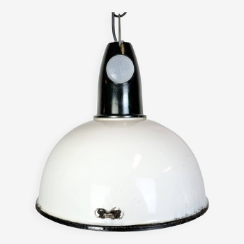 Industrial soviet white enamel pendant lamp, 1960s