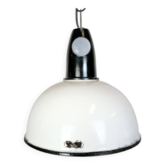 Industrial soviet white enamel pendant lamp, 1960s