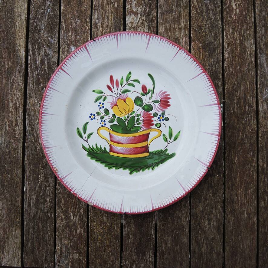 Antique Ceramic Plate - Flower Basket Decor