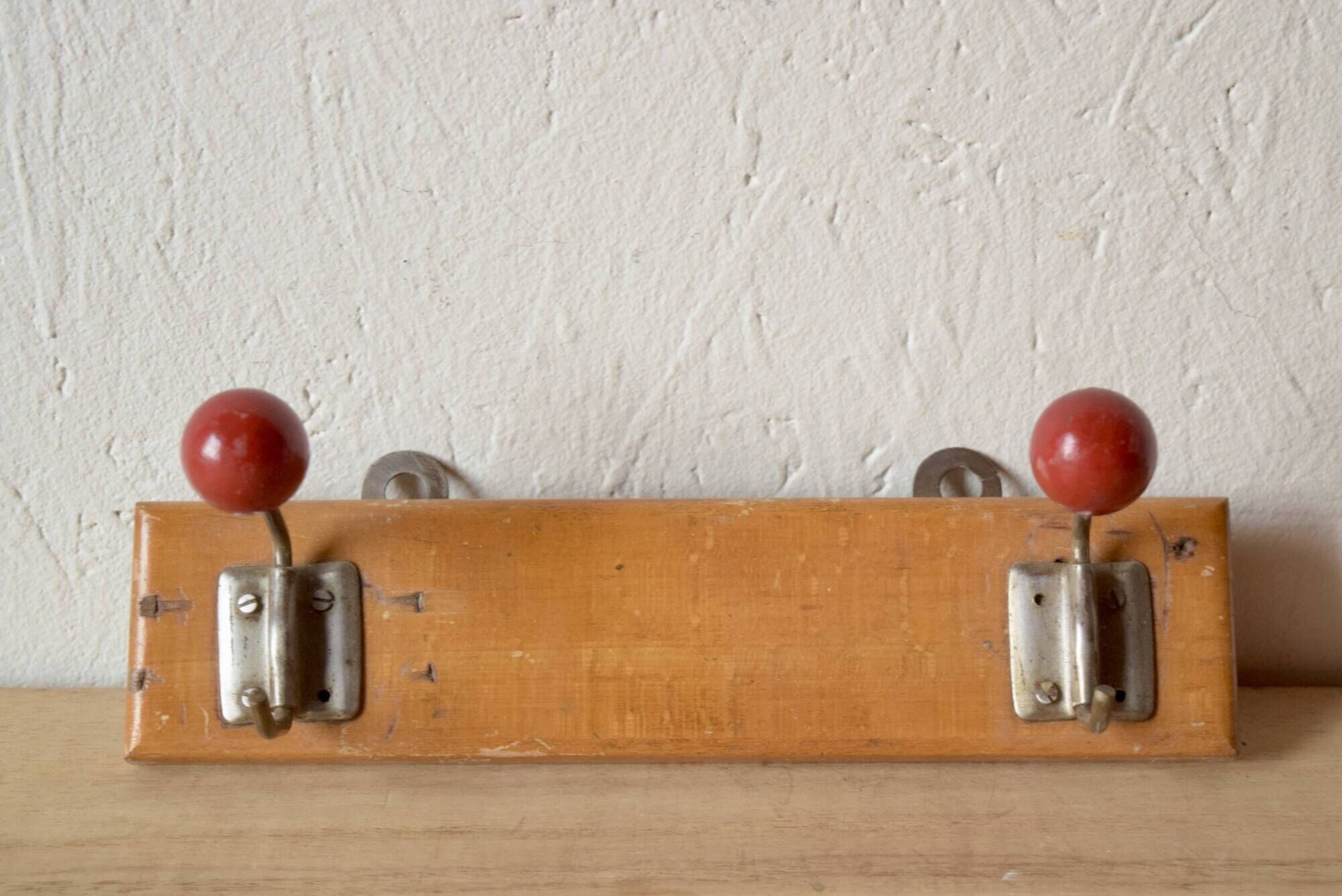 Vintage coat rack - double coat hook - red wooden balls