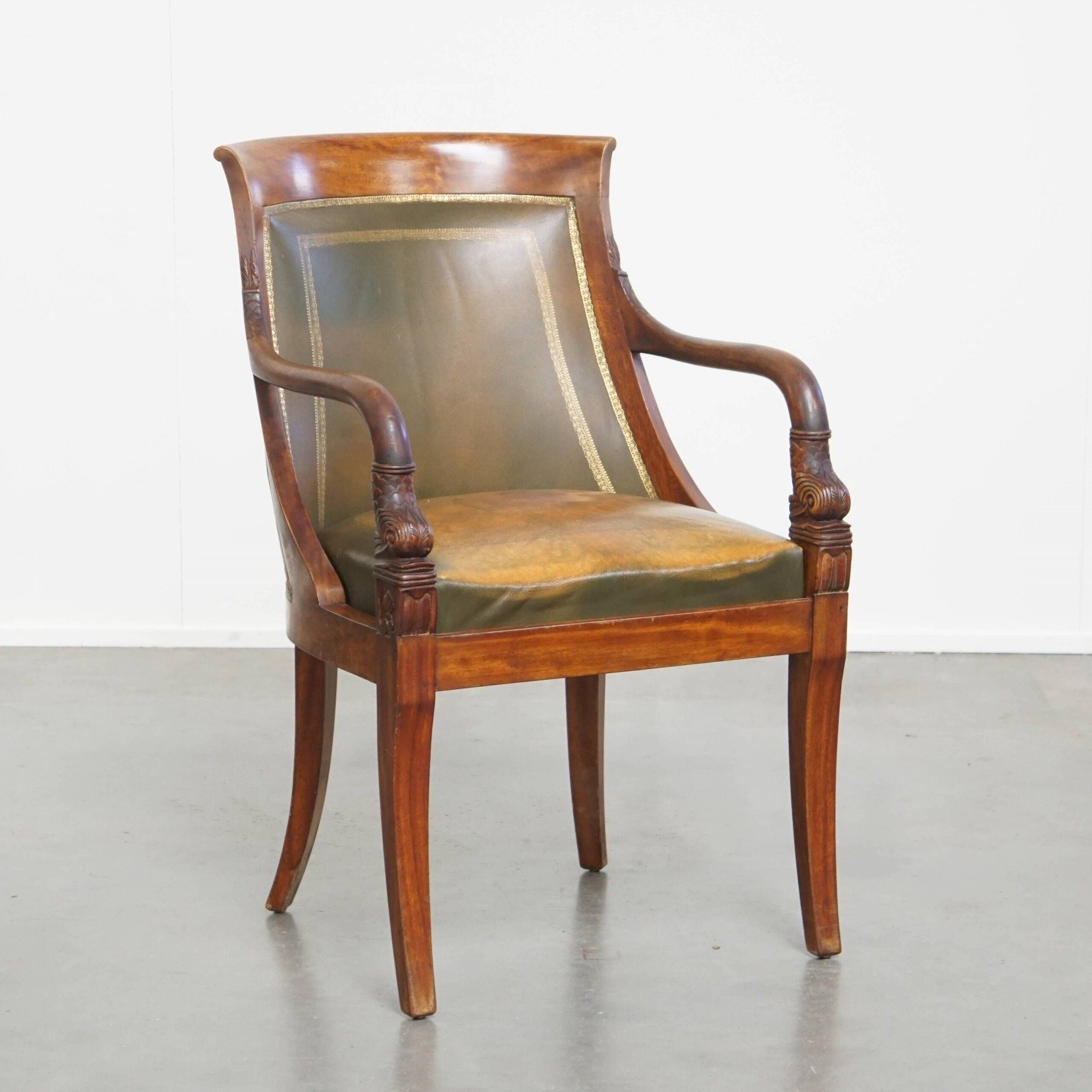 Leather and wooden Empire style side/desk chair from the early 20th century