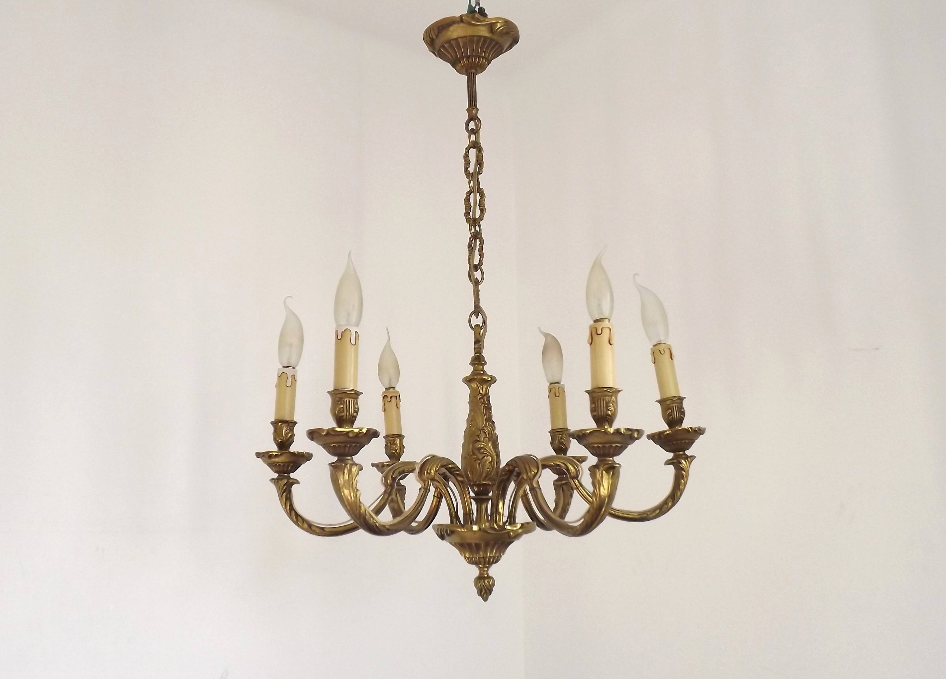 French Art Nouveau Bronze 6 Light Chandelier with Scroll Arms and Leaf Details 5583