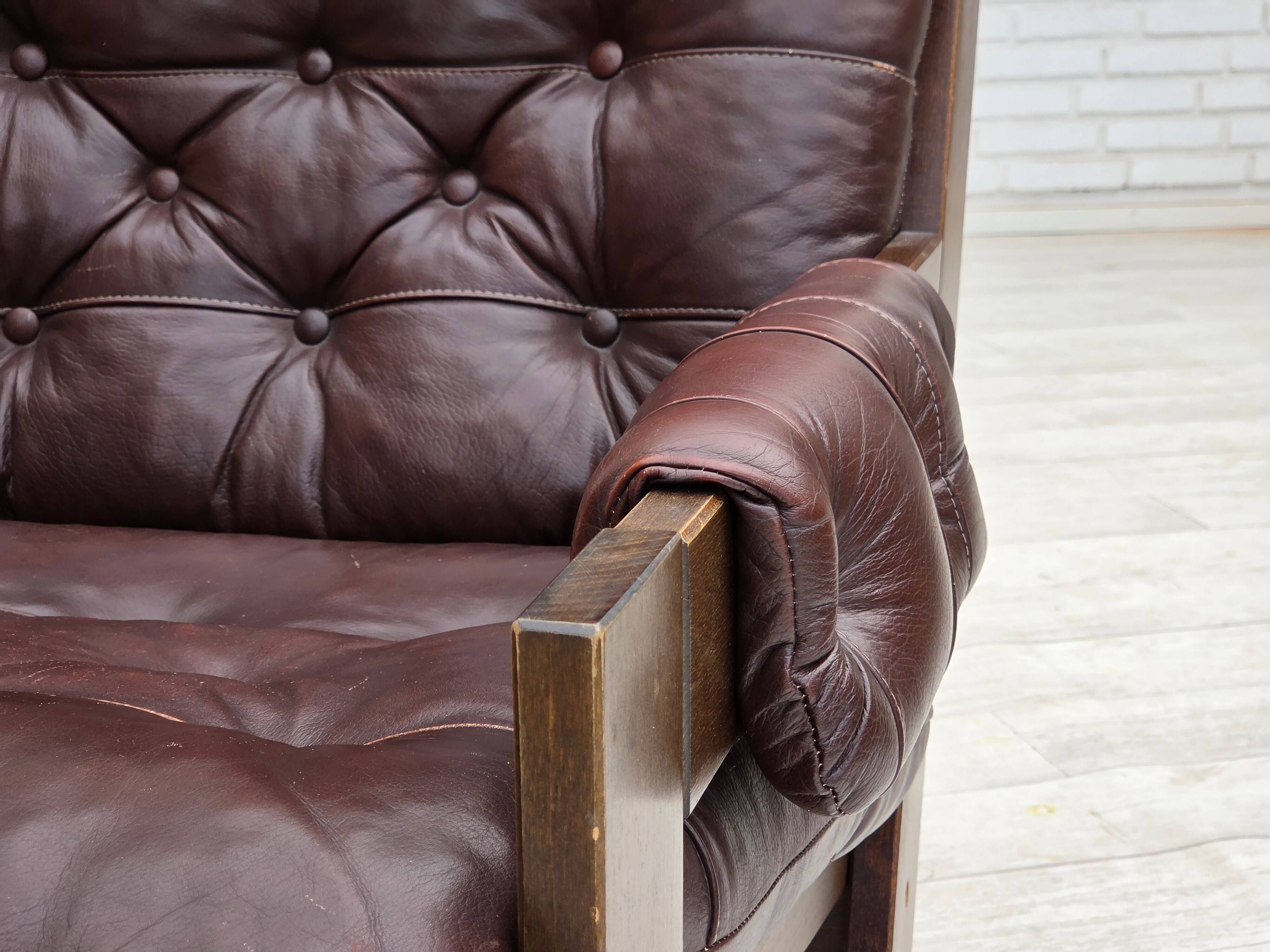 1970s, Scandinavian highback armchair, brown furniture leather, dark beech.