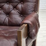 1970s, Scandinavian highback armchair, brown furniture leather, dark beech.