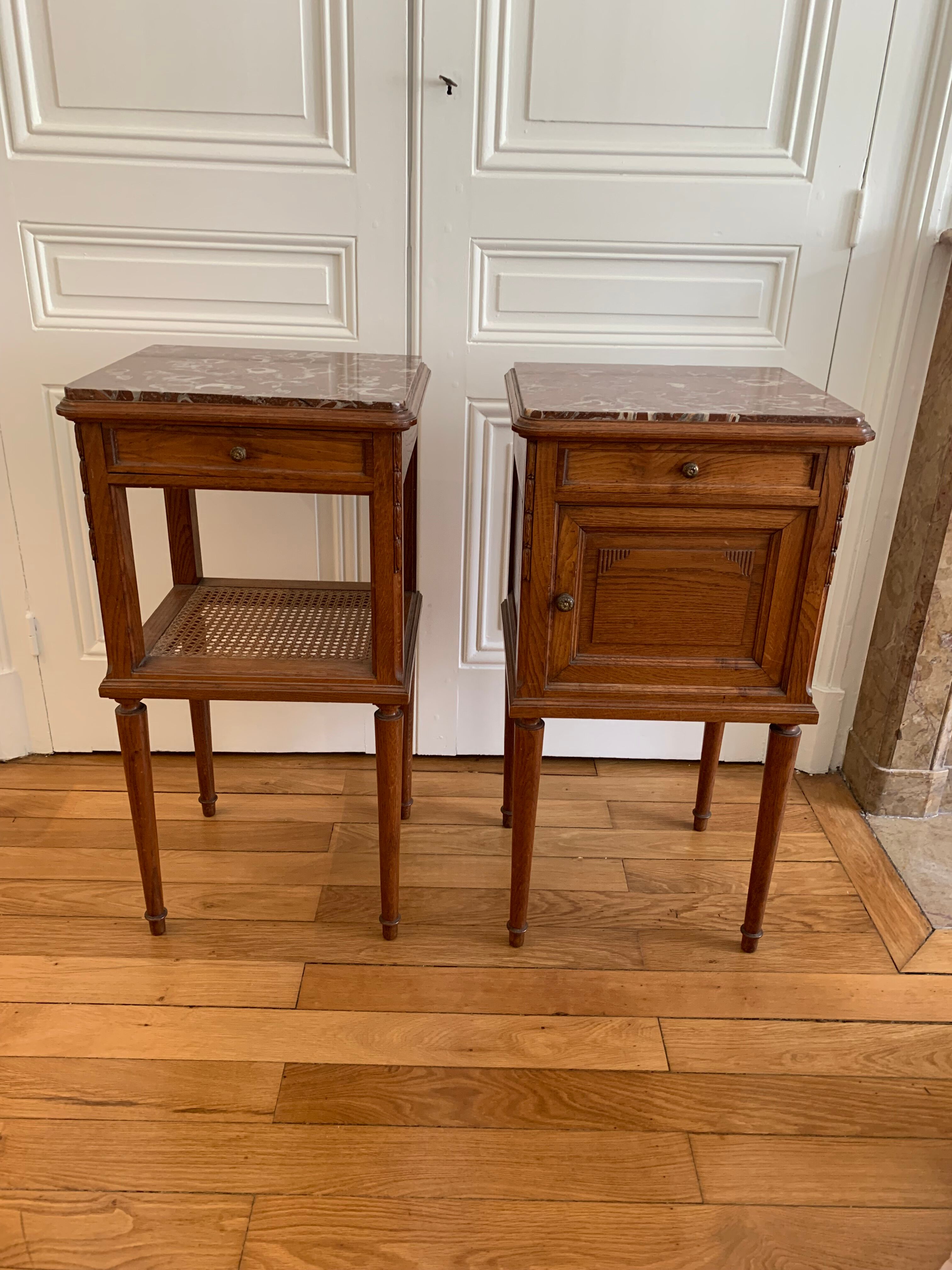 Pair of high marble and walnut bedside tables