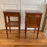 Pair of high marble and walnut bedside tables