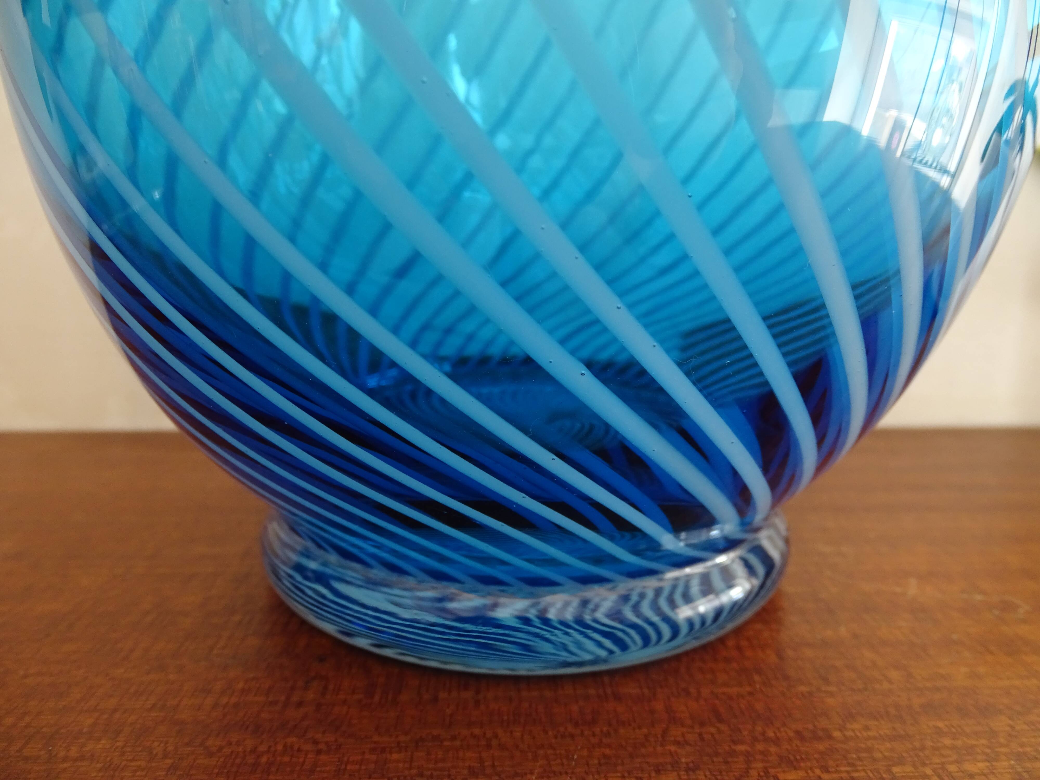 Blue spiral blown glass vase