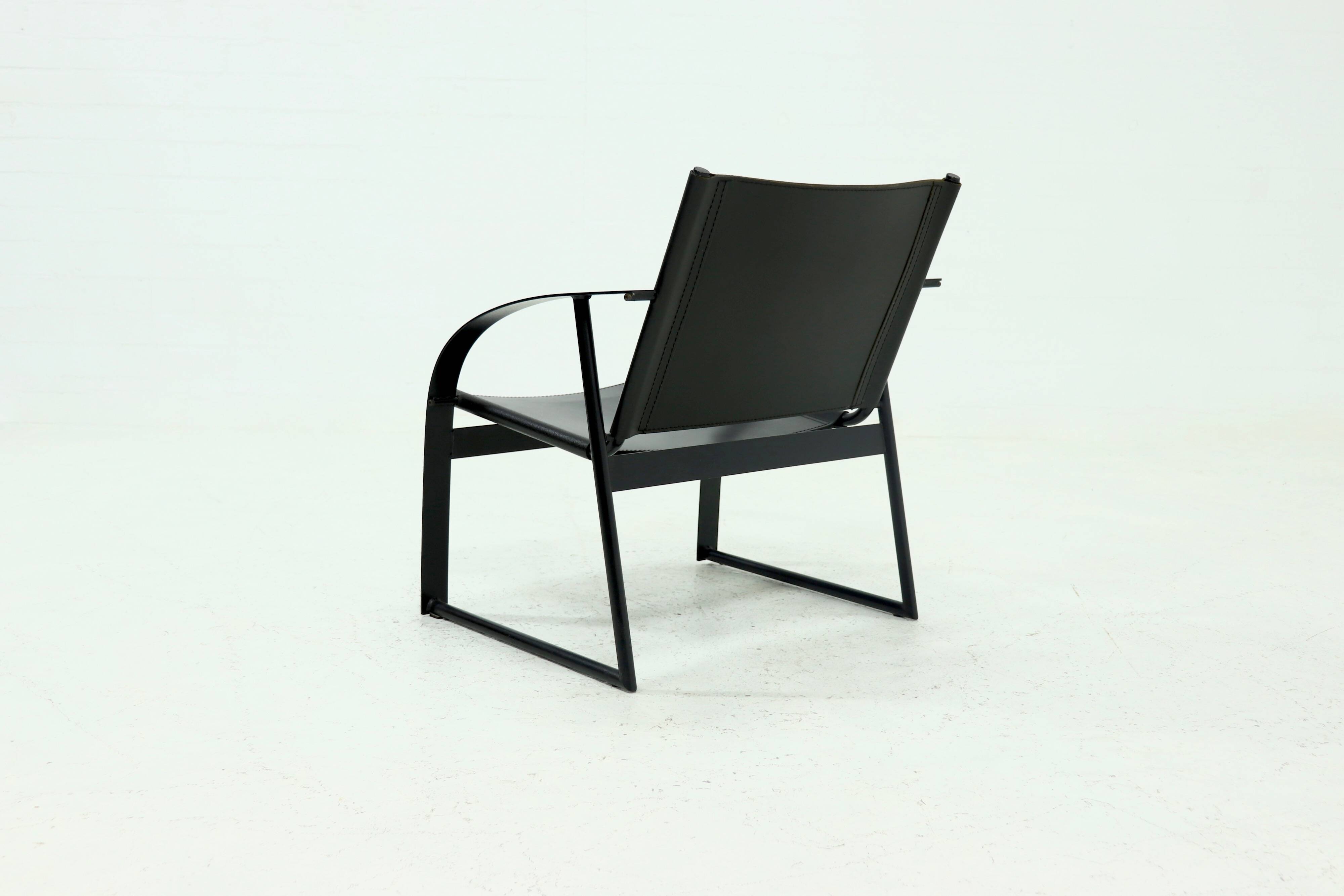 Post Modern Saddle Leather and Steel Lounge Chair 1980s