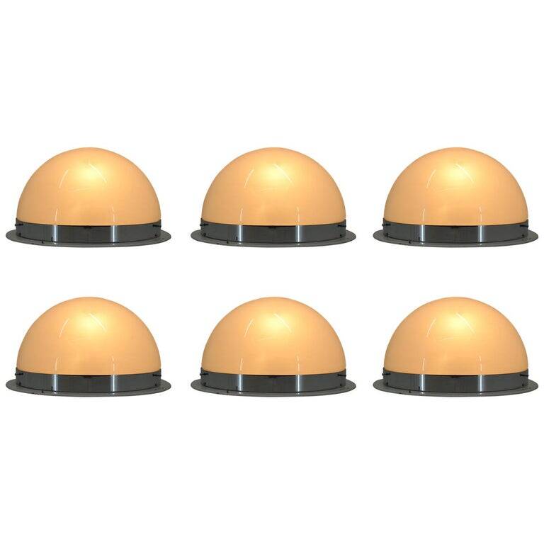 Unique set of six large Bauhaus chrome ceiling lamps/flush mounts, 1940s