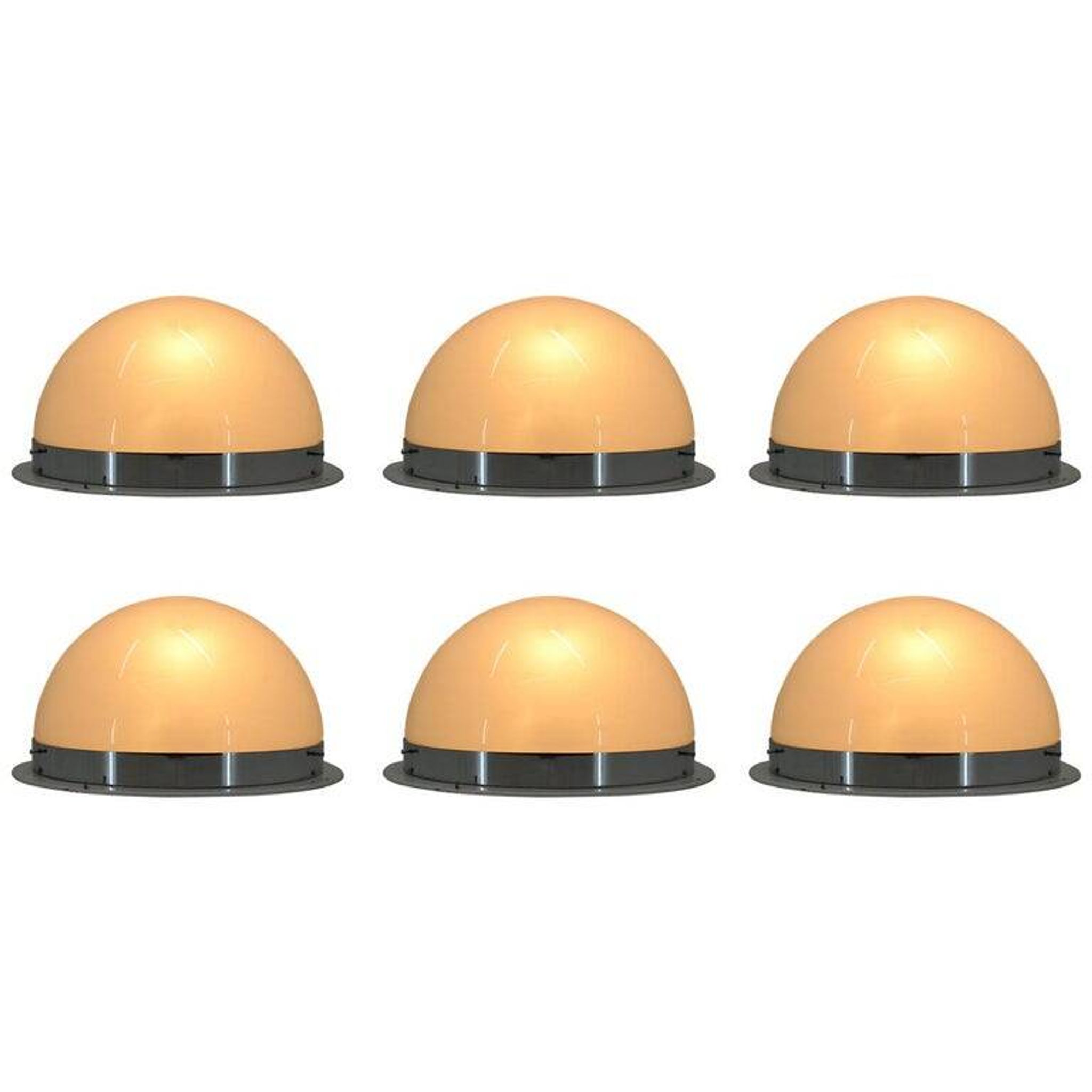 Unique set of six large Bauhaus chrome ceiling lamps/flush mounts, 1940s