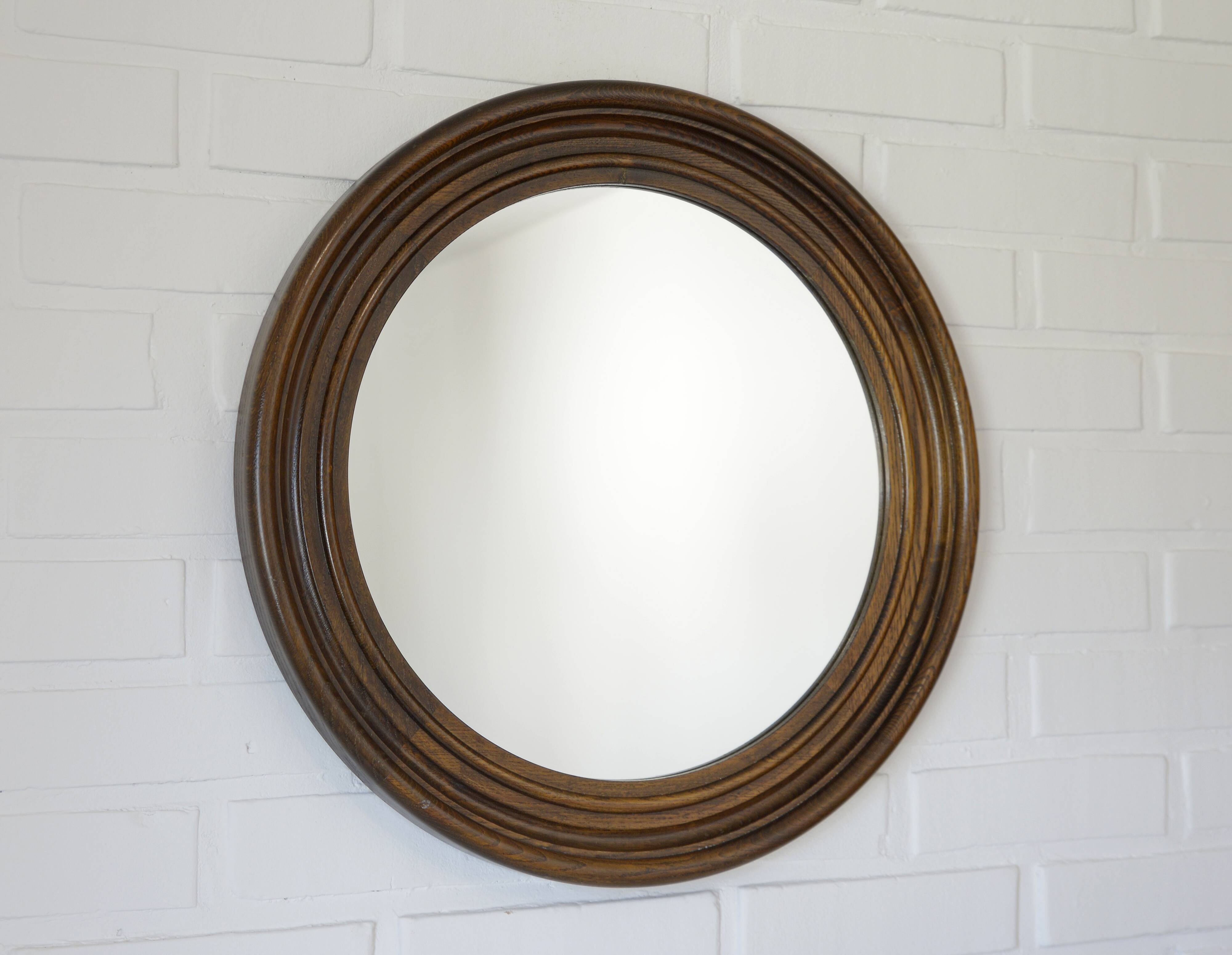 Grand miroir mural vintage en bois de chêne tourné, miroir de courtoisie rond rustique