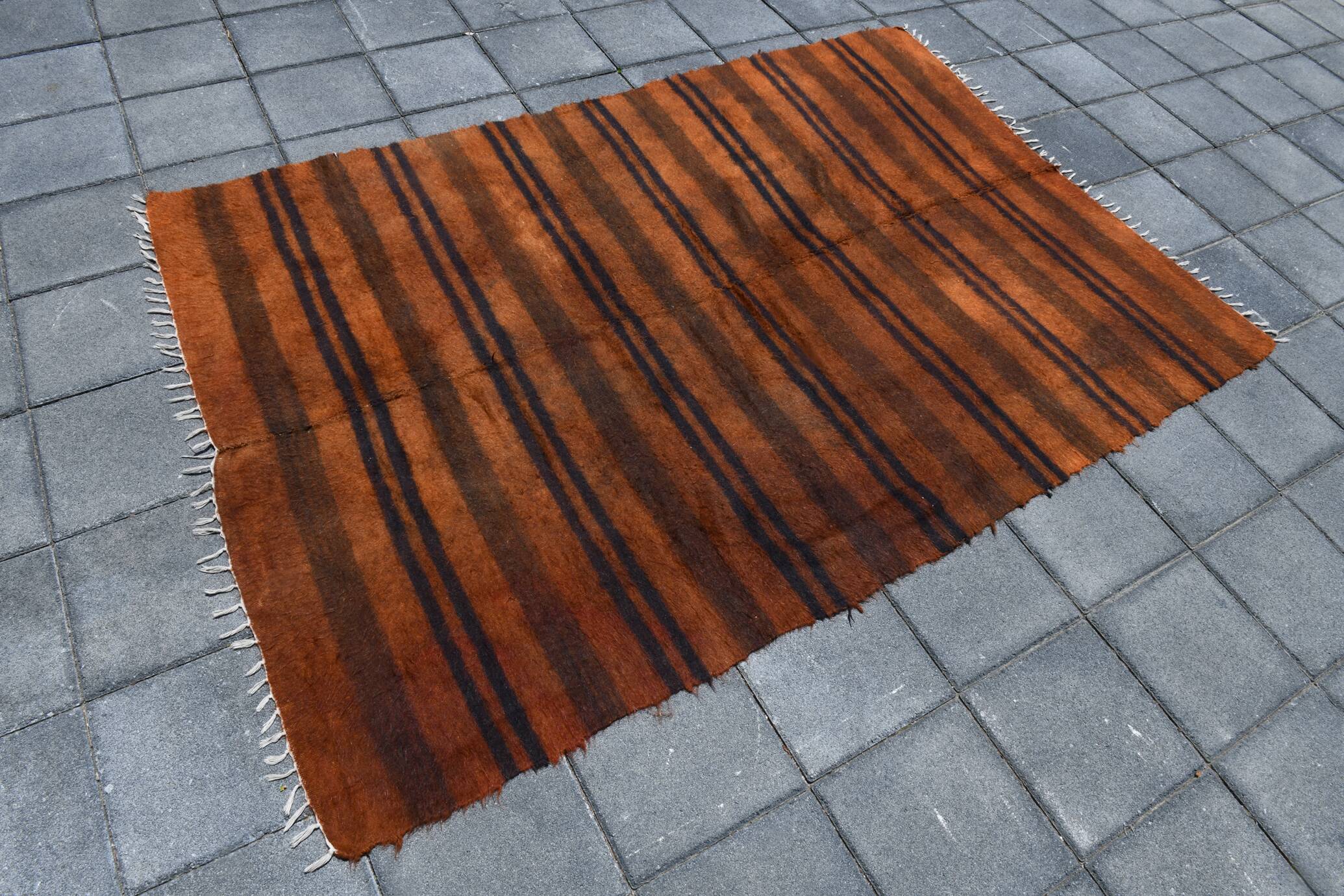 Vintage Moroccan Wool Rug, Minimalist Striped Berber Rug, 146x220