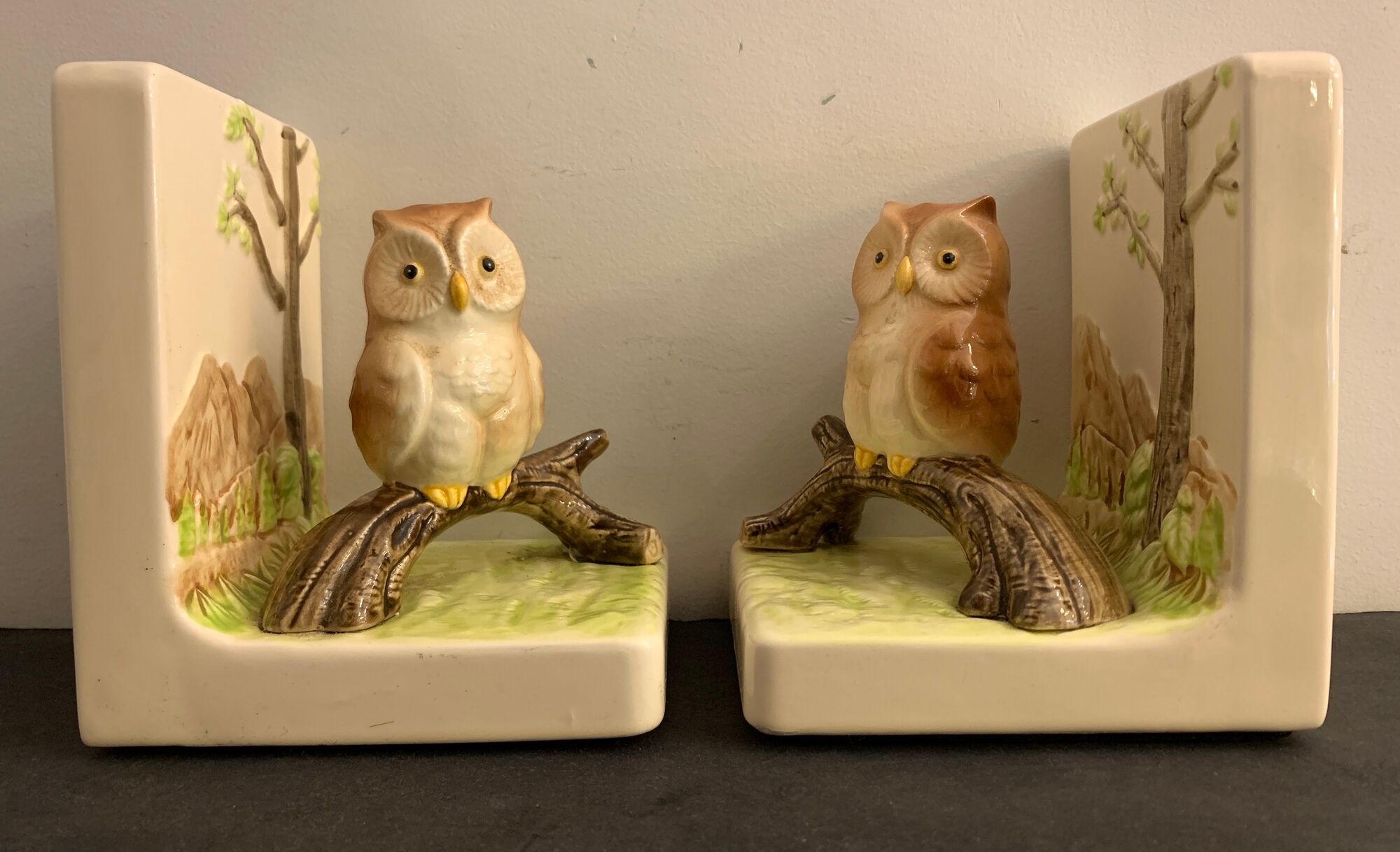 Pair of owl Japanese ceramic book greenhouses, 1980