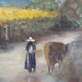Painting on old panel framed and signed, cow and farmer