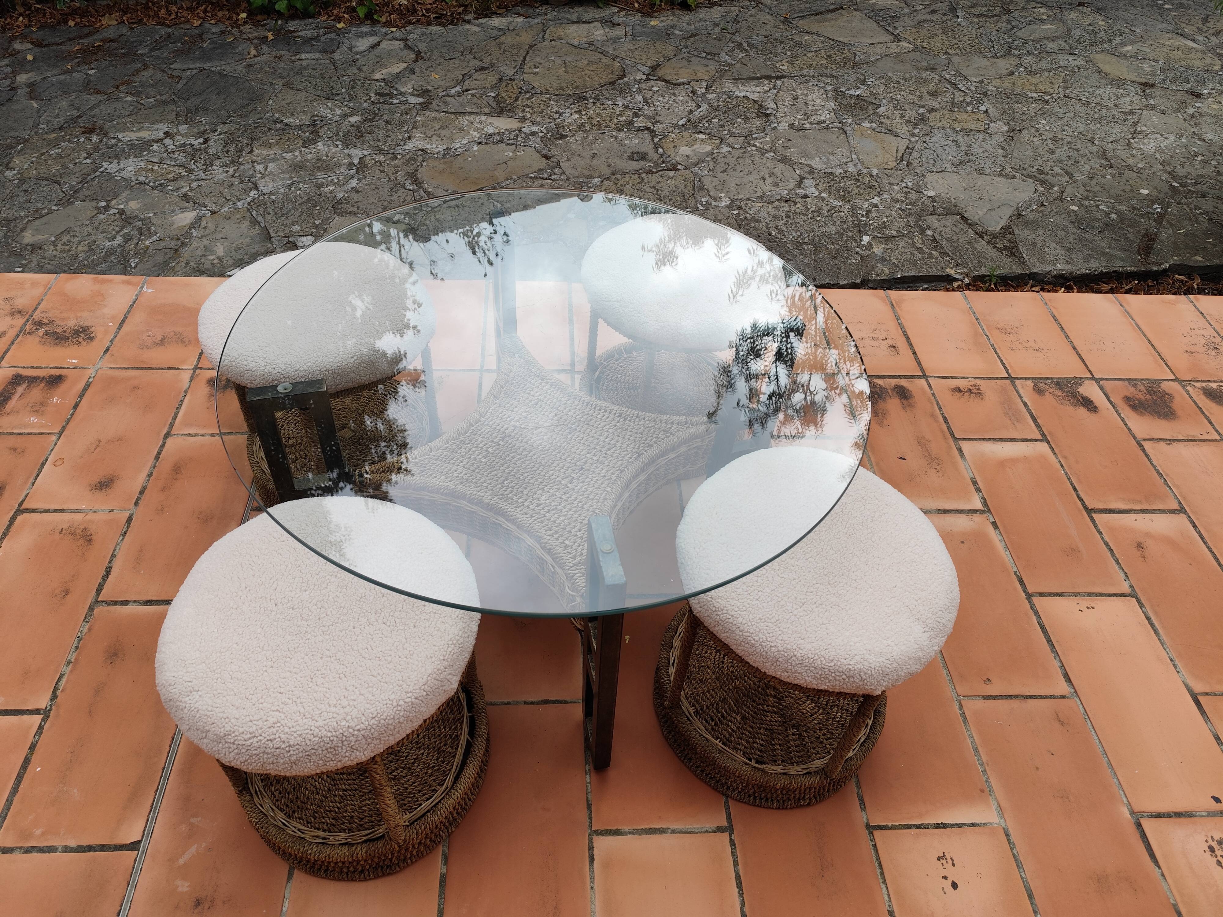 Vintage 1970s rope & rattan coffee table and 4 stools