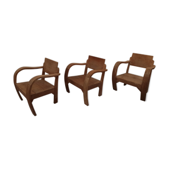 3 armchairs in raw teak, garden