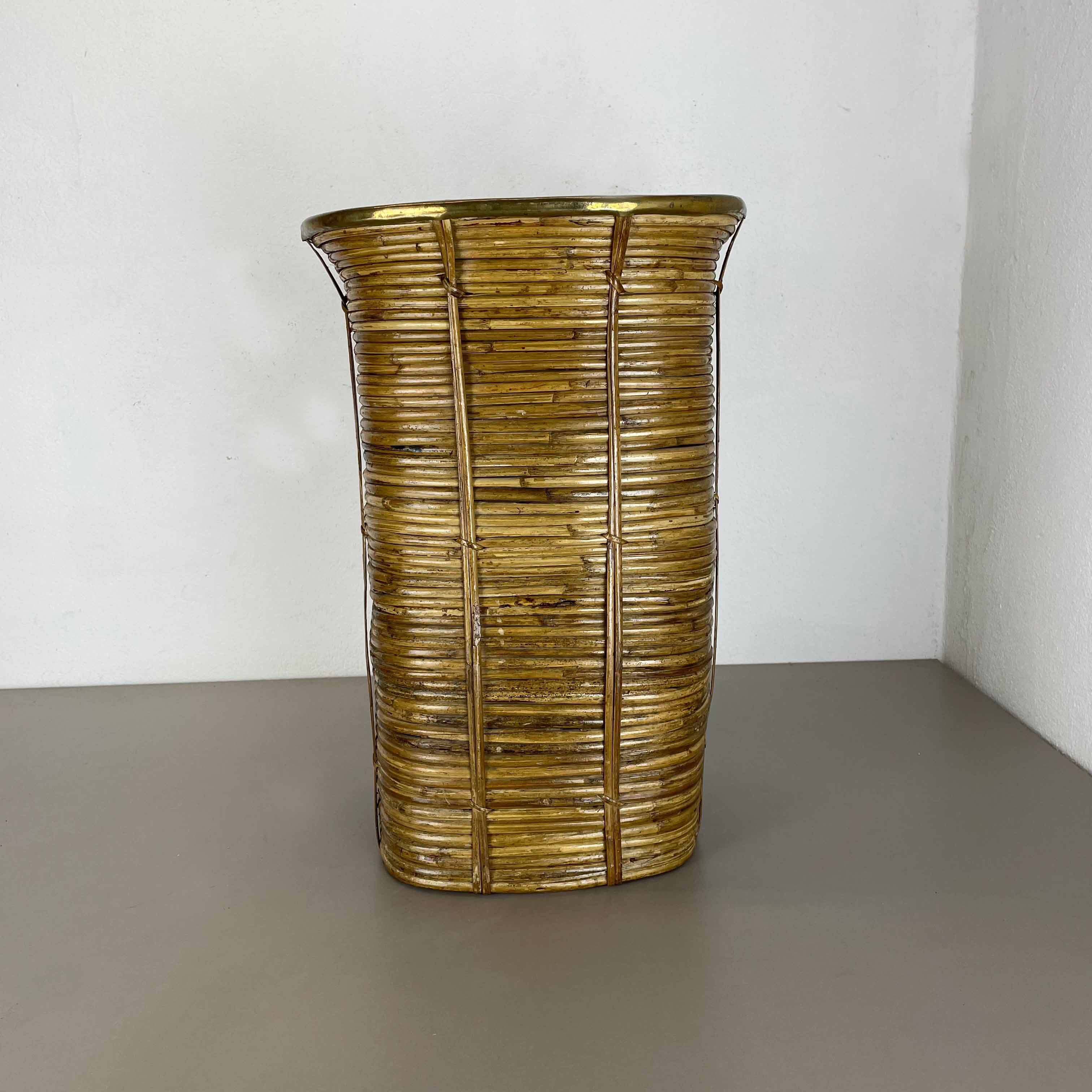 Aubock style rattan and brass bauhaus waste bin France 1960s