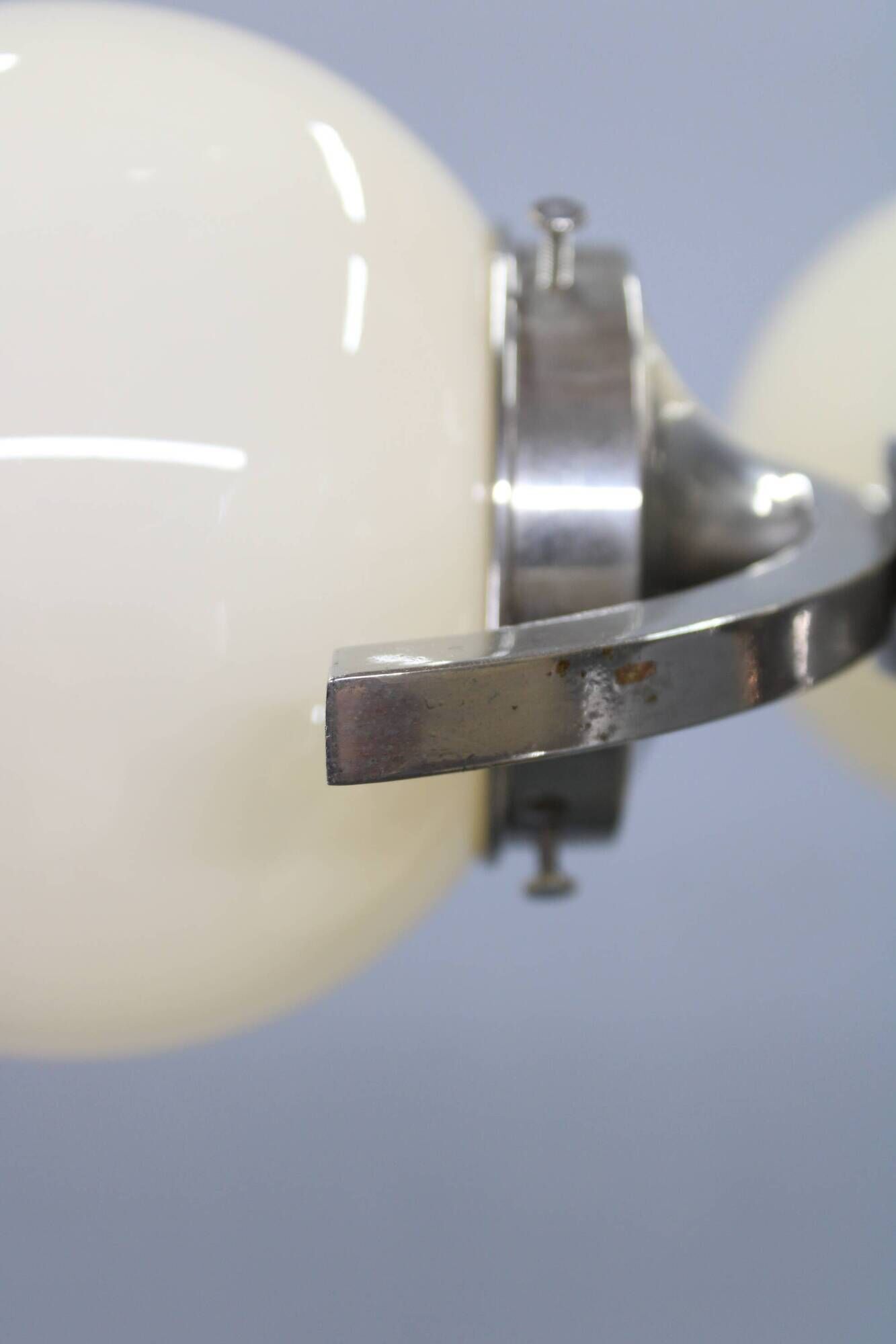Czechoslovak Art Deco nickel chandelier with five opaline glass globes