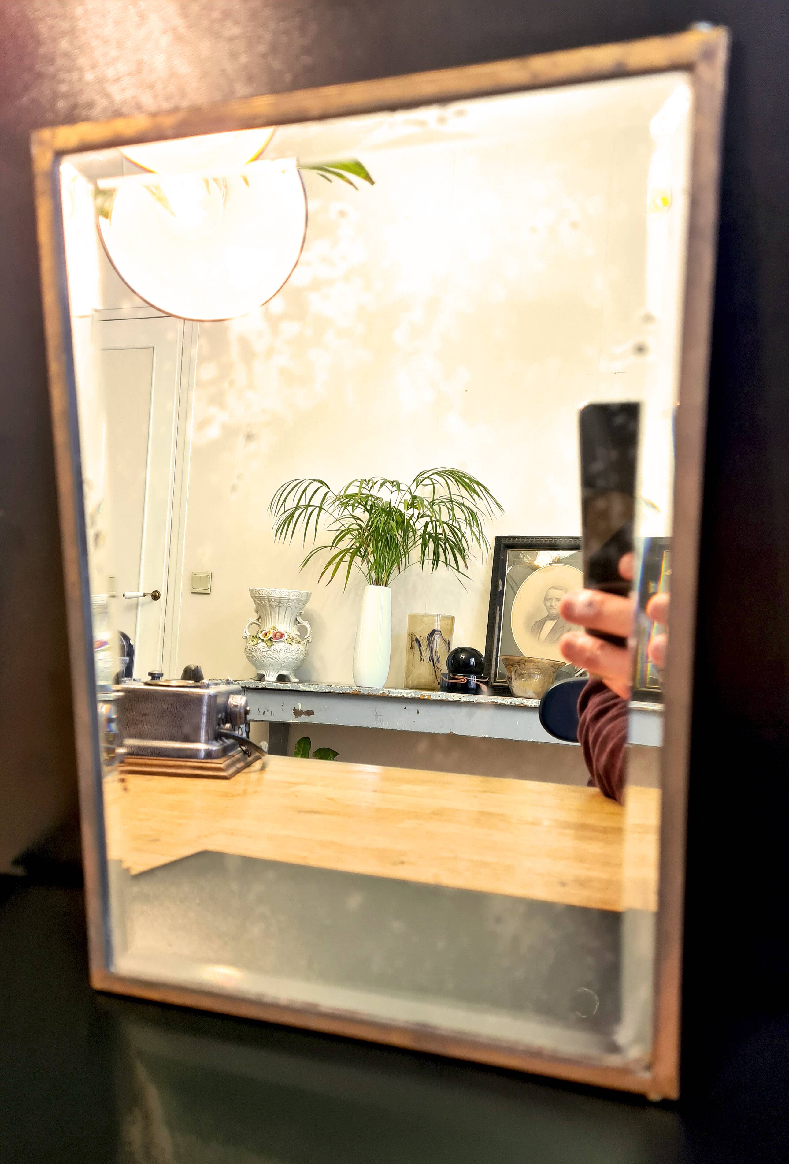 Beveled mercury mirror and japanese art nouveau illustration on the back