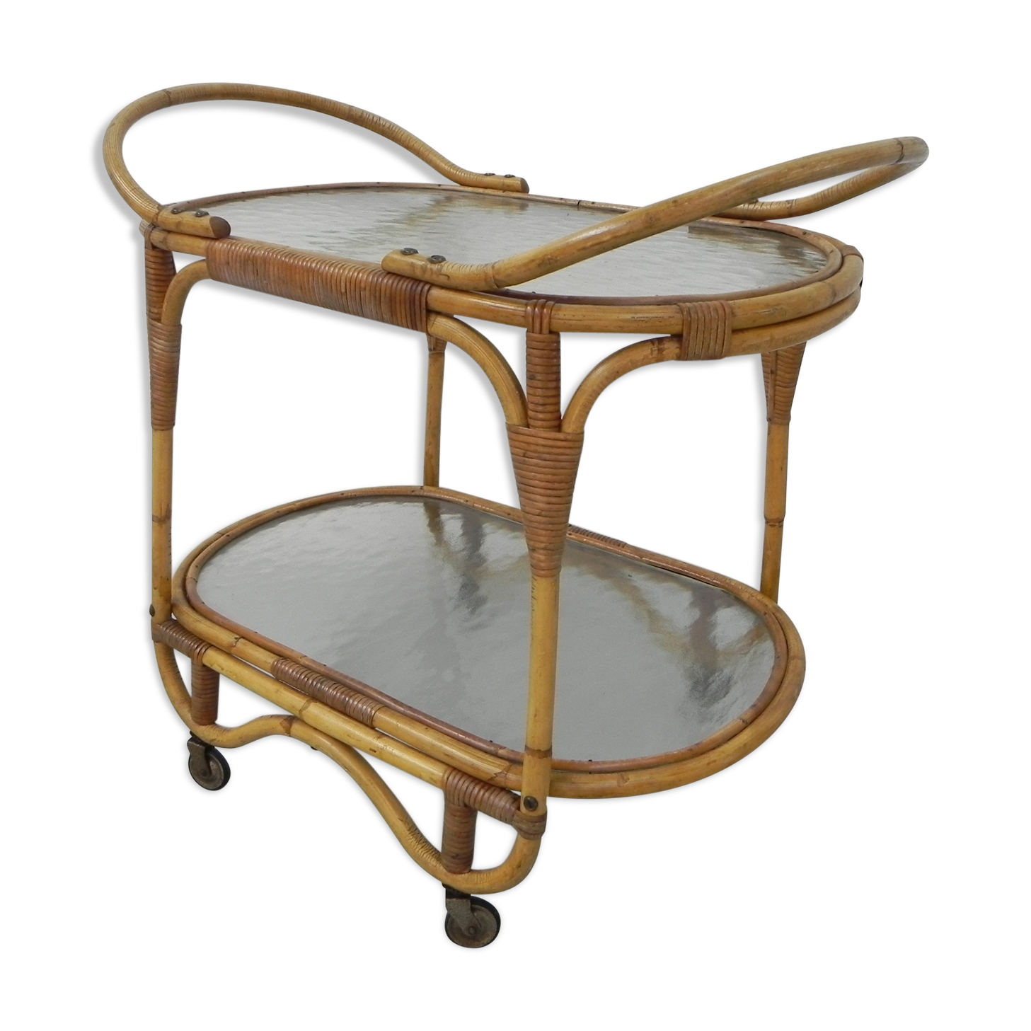 Bamboo, rattan serving trolley on castors