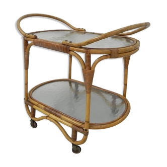 Bamboo, rattan serving trolley on castors