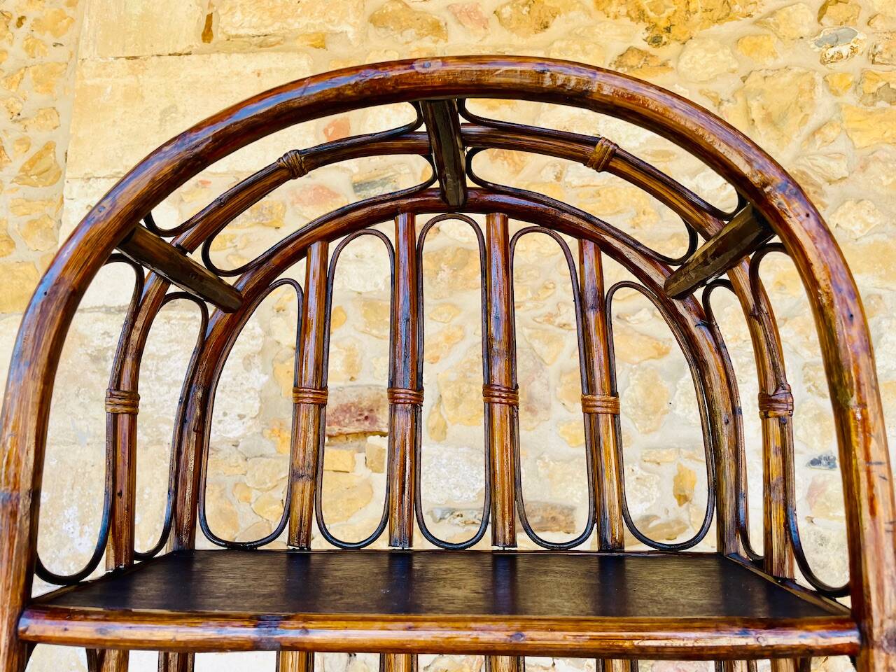 Vintage two-tier bamboo and rattan shelf with storage, Circa 1960