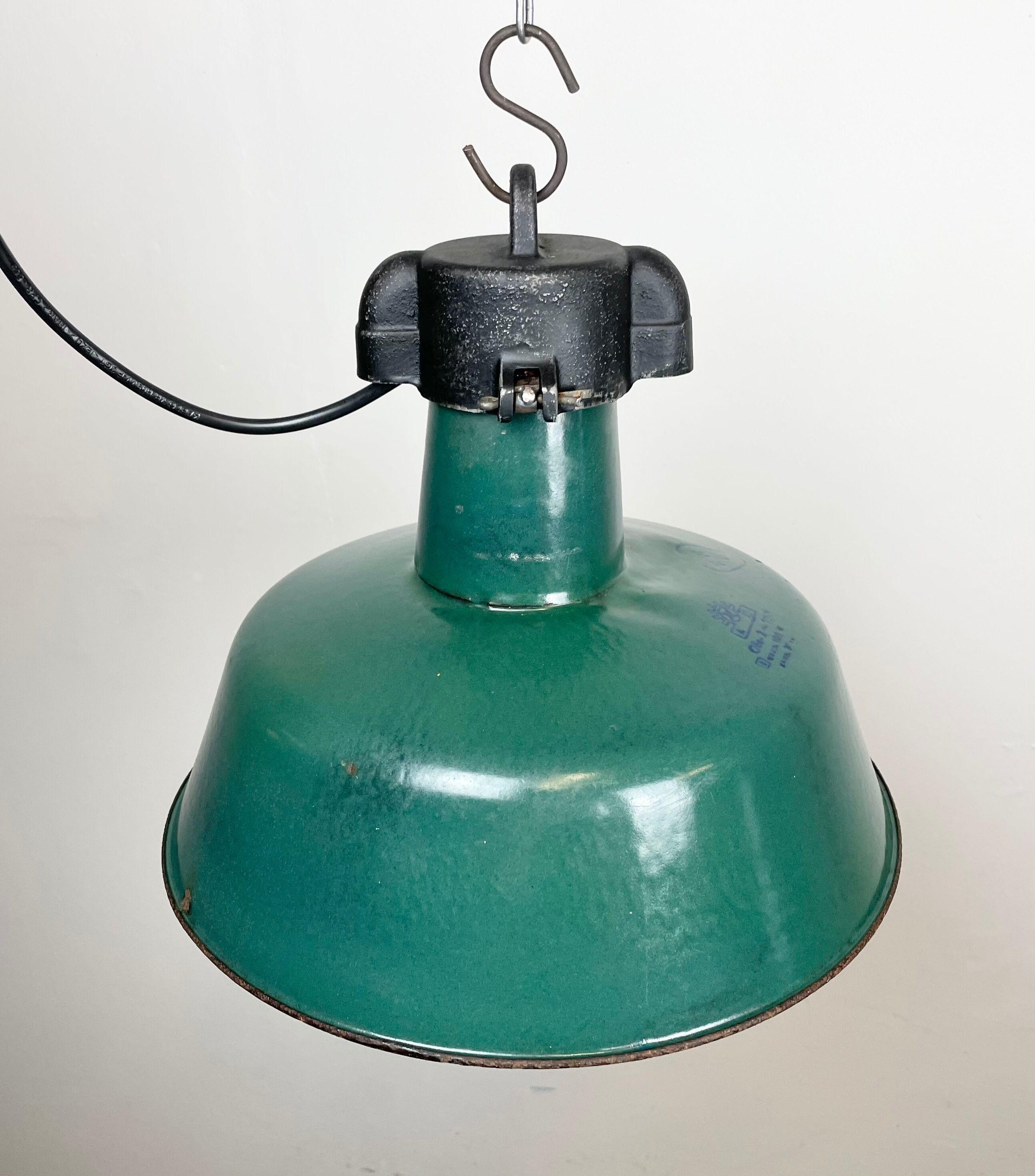 Industrial Green Enamel Factory Lamp with Cast Iron Top, 1960s
