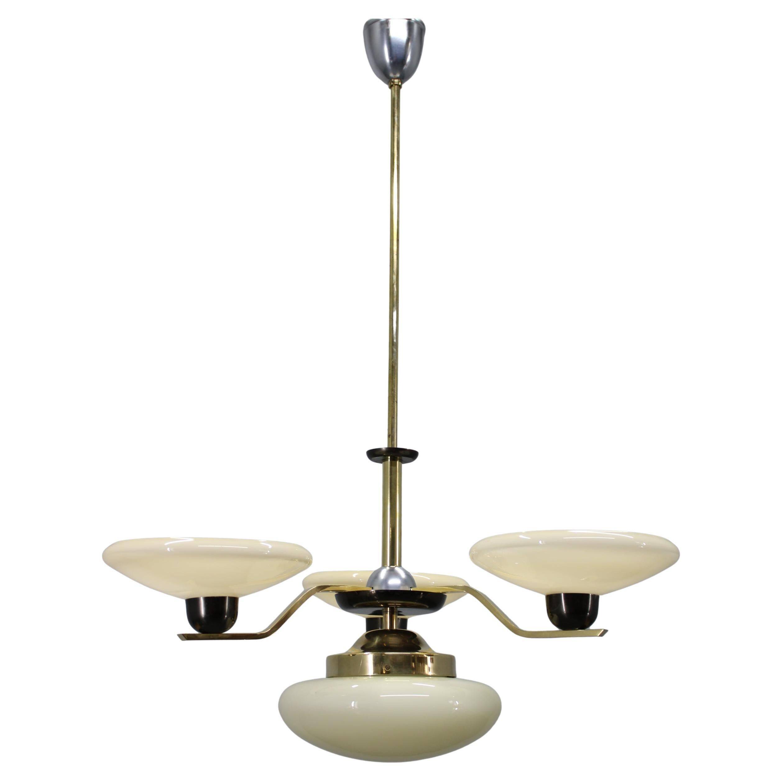 Art Deco brass and aluminum chandelier with cream glass, Czechoslovakia 1930s