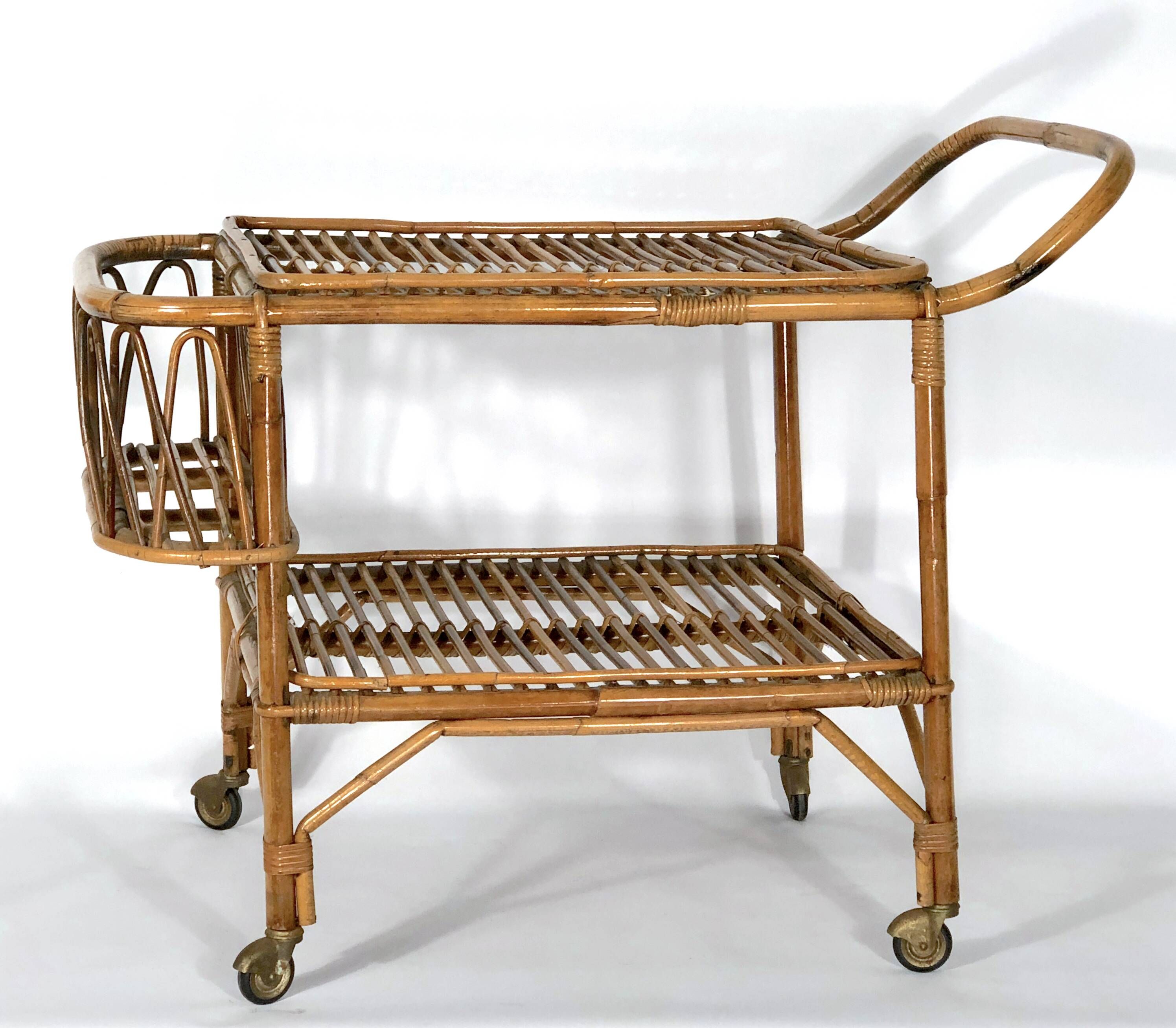 Vintage bamboo bar trolley from 50s. Made in Italy