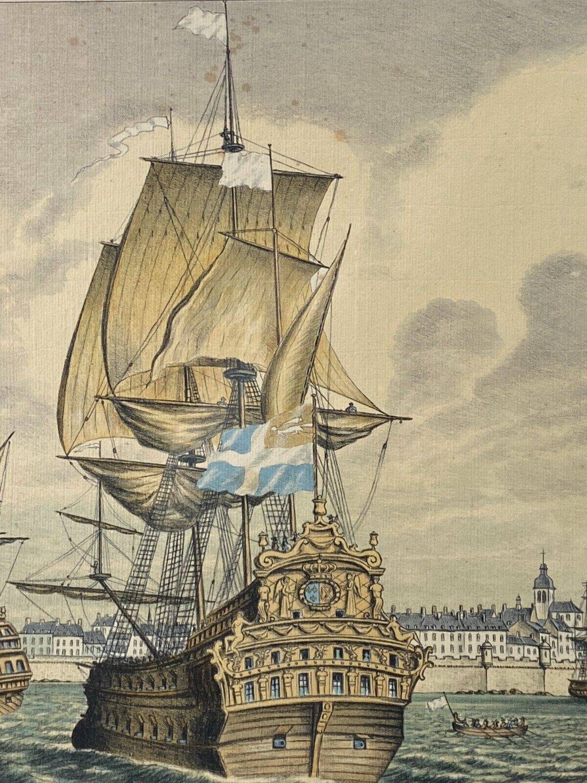 Lithograph view of Saint Malo 17th century with sailboats signed Daniel Derveaux