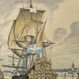 Lithograph view of Saint Malo 17th century with sailboats signed Daniel Derveaux