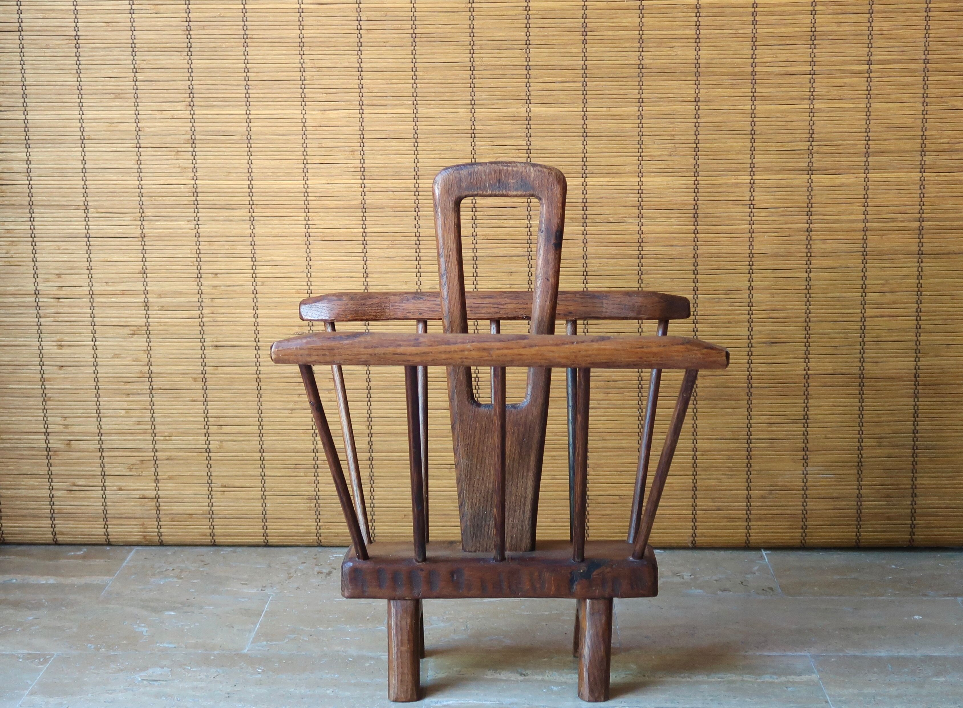 Brutalist wooden magazine holder, folk art, 50s