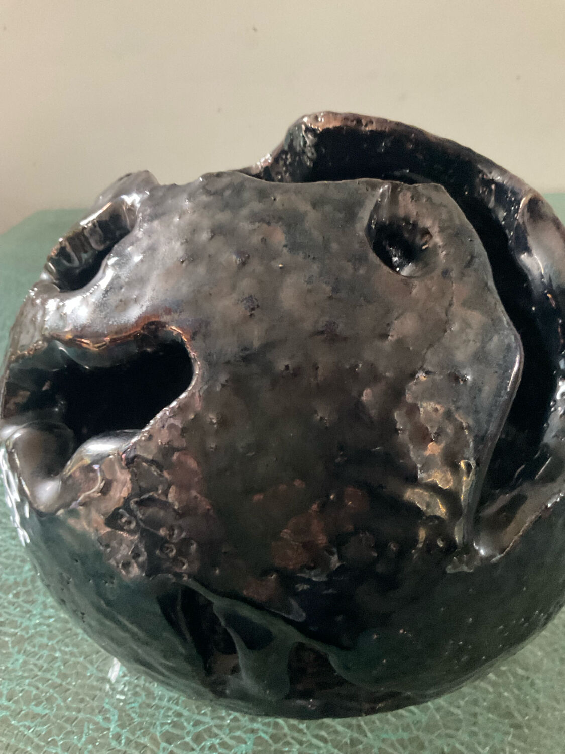 Large brutalist spherical vase in iridescent glazed terracotta