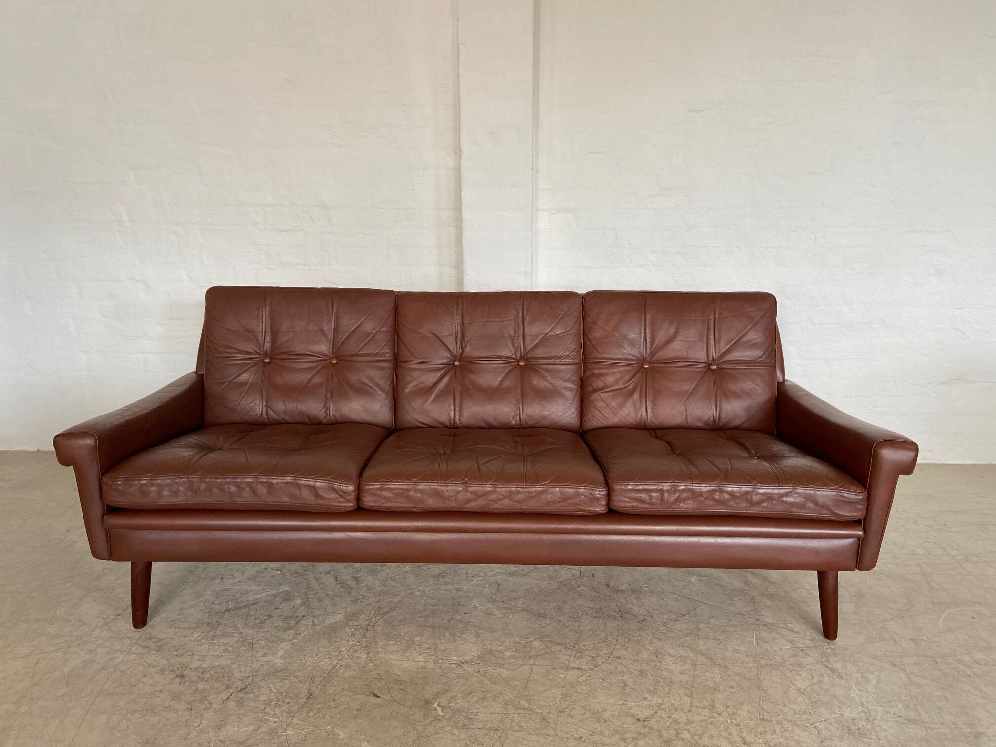 Danish mid-century Svend Skipper cognac 3 person sofa & lounge chair 1960s
