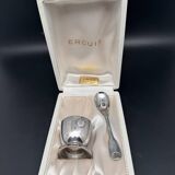 Duo of egg cup and its small white metal spoon (silverware) Ercuis