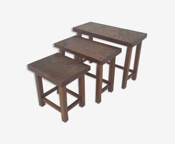 Set of 3 Brutalist Wooden Nesting Tables, Holland 1960s