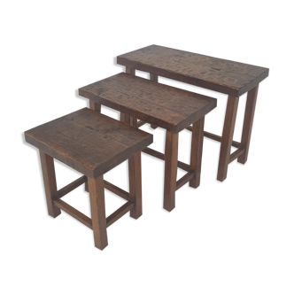 Ensemble de 3 tables de nidification en bois brutalistes, Hollande des années 1960