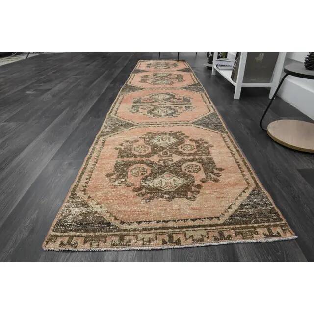 1970s Vintage Turkish Oushak Handmade Wool Cotton Orange Runner Rug 83x358